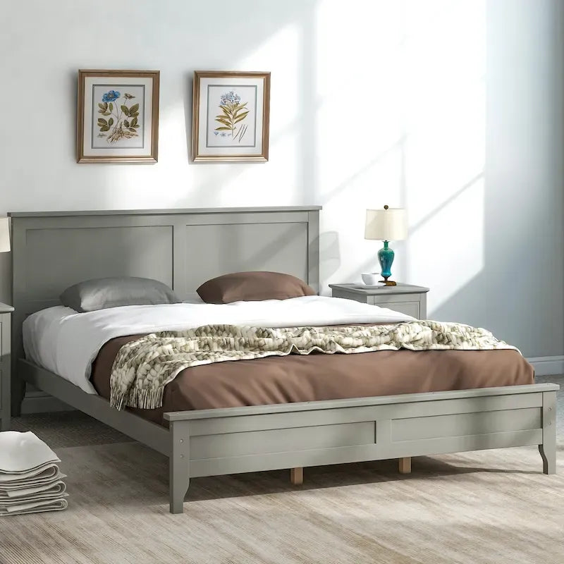 Letto Queen con piattaforma a doghe e testiera, bianco/grigio – adatto per 1-2 persone