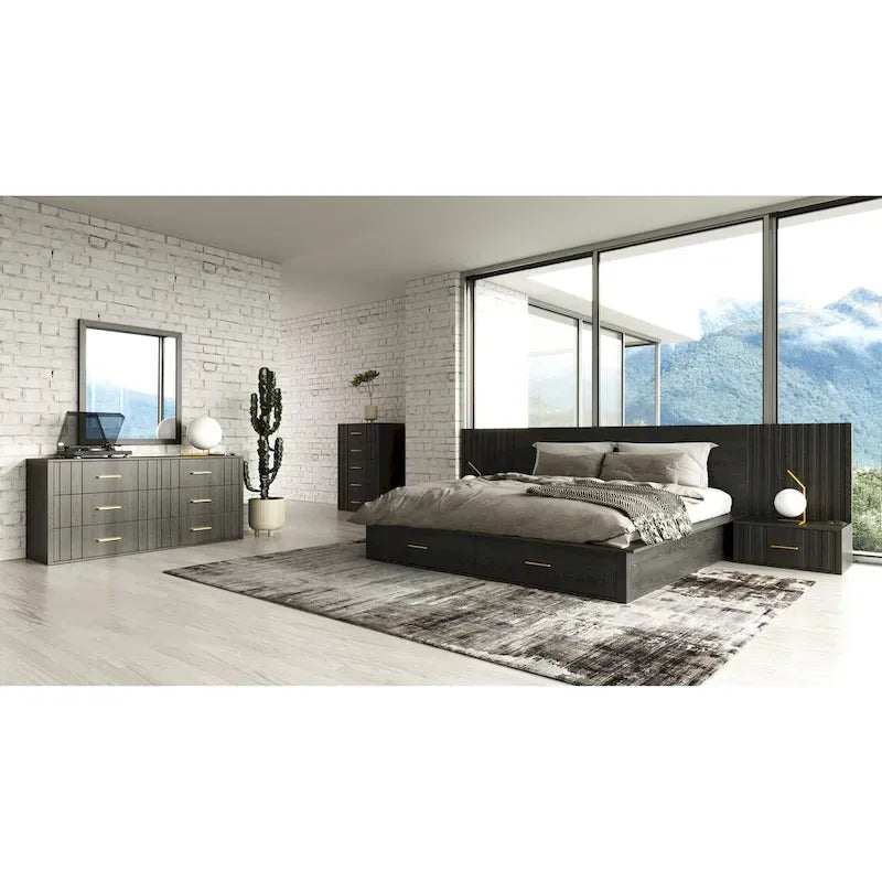 Set letto a piattaforma contemporaneo grigio scuro con 2 comodini – Queen / Eastern King