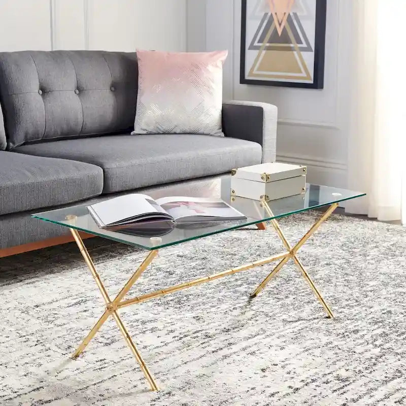Tavolino da salotto con piano in vetro e dettagli in metallo – Oro/Argento, Trasparente/Bianco, Monouso