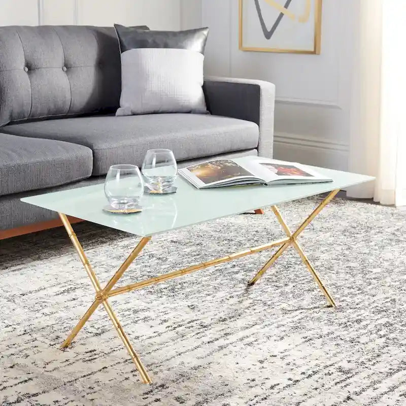Tavolino da salotto con piano in vetro e dettagli in metallo – Oro/Argento, Trasparente/Bianco, Monouso