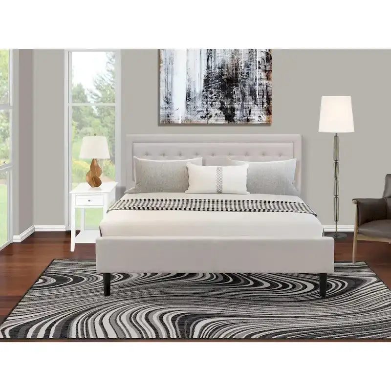 Set letto king-size con piattaforma e testiera ad ali Mist in lino beige – 2 o 3 pezzi
