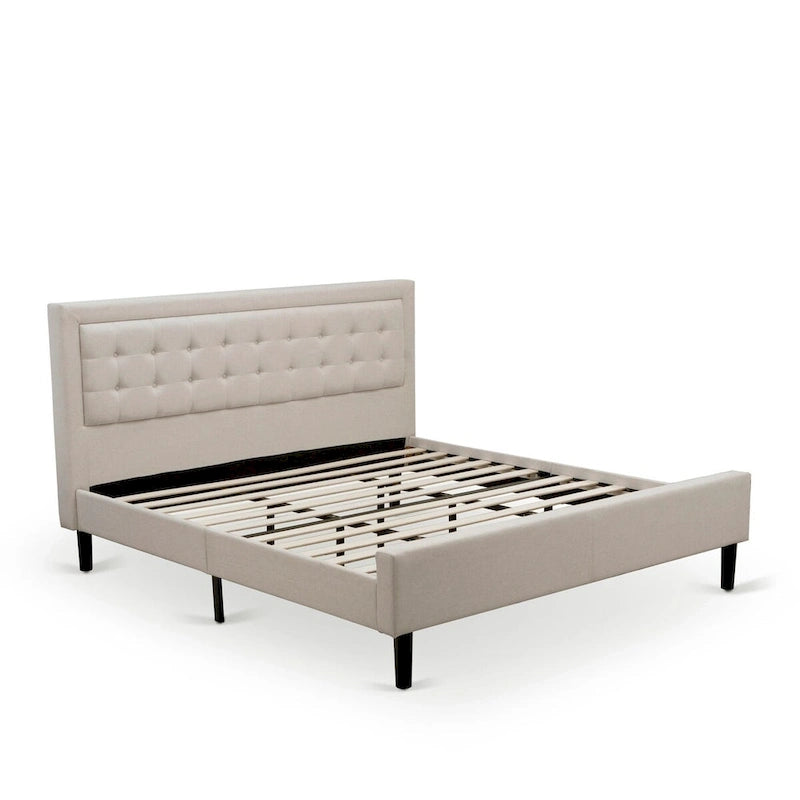 Set letto king-size con piattaforma e testiera ad ali Mist in lino beige – 2 o 3 pezzi