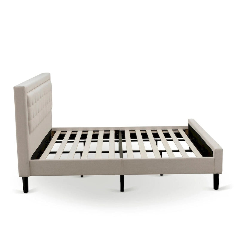 Set letto king-size con piattaforma e testiera ad ali Mist in lino beige – 2 o 3 pezzi