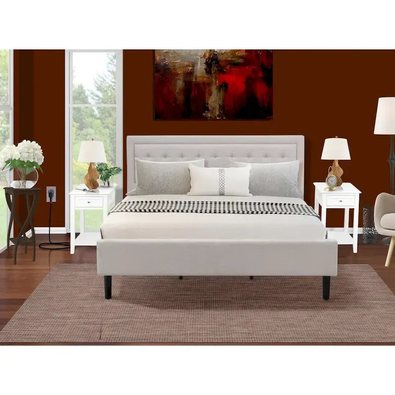 Set letto king-size con piattaforma e testiera ad ali Mist in lino beige – 2 o 3 pezzi