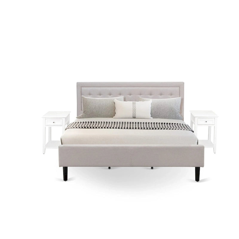 Set letto king-size con piattaforma e testiera ad ali Mist in lino beige – 2 o 3 pezzi