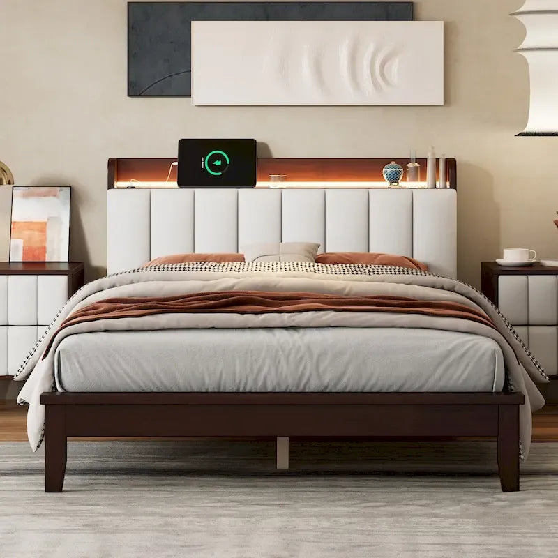 Letto imbottito con piattaforma grigio/noce con LED e USB | Matrimoniale francese / Matrimoniale standard | Posti letto 1-2
