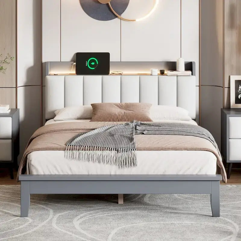Letto imbottito con piattaforma grigio/noce con LED e USB | Matrimoniale francese / Matrimoniale standard | Posti letto 1-2