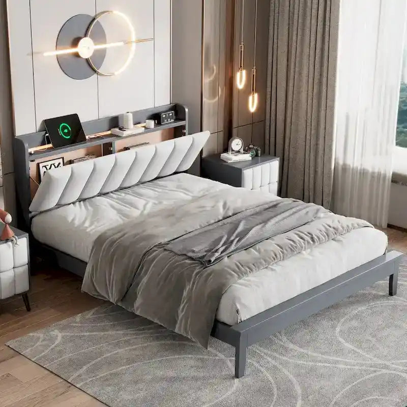 Letto imbottito con piattaforma grigio/noce con LED e USB | Matrimoniale francese / Matrimoniale standard | Posti letto 1-2