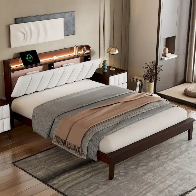 Letto imbottito con piattaforma grigio/noce con LED e USB | Matrimoniale francese / Matrimoniale standard | Posti letto 1-2