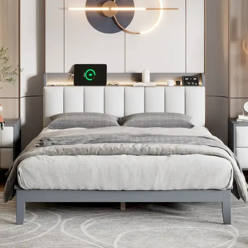 Letto imbottito con piattaforma grigio/noce con LED e USB | Matrimoniale francese / Matrimoniale standard | Posti letto 1-2