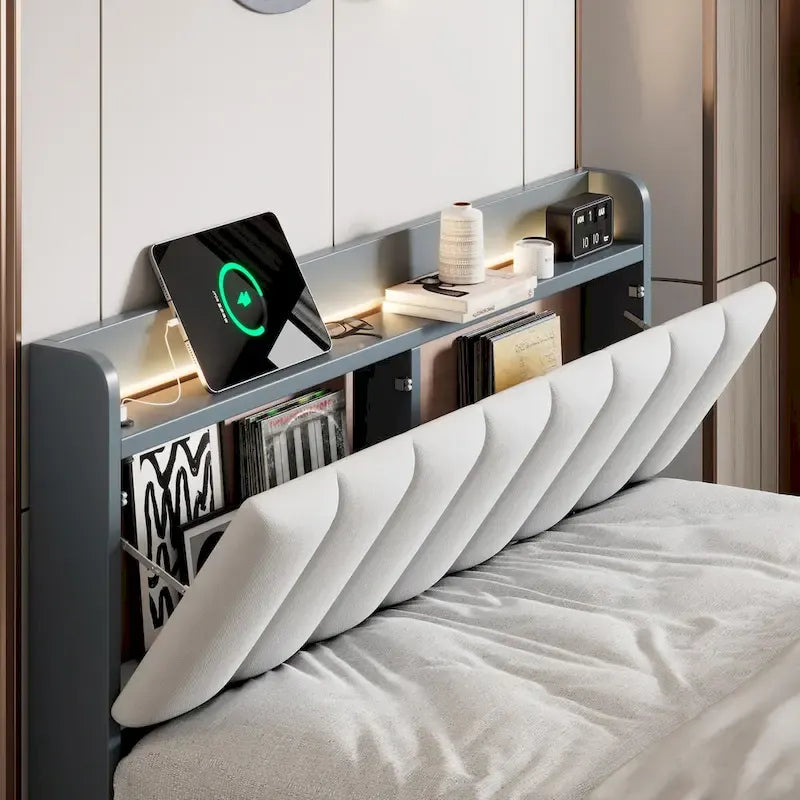 Letto imbottito con piattaforma grigio/noce con LED e USB | Matrimoniale francese / Matrimoniale standard | Posti letto 1-2