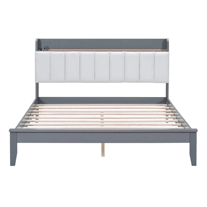 Letto imbottito con piattaforma grigio/noce con LED e USB | Matrimoniale francese / Matrimoniale standard | Posti letto 1-2