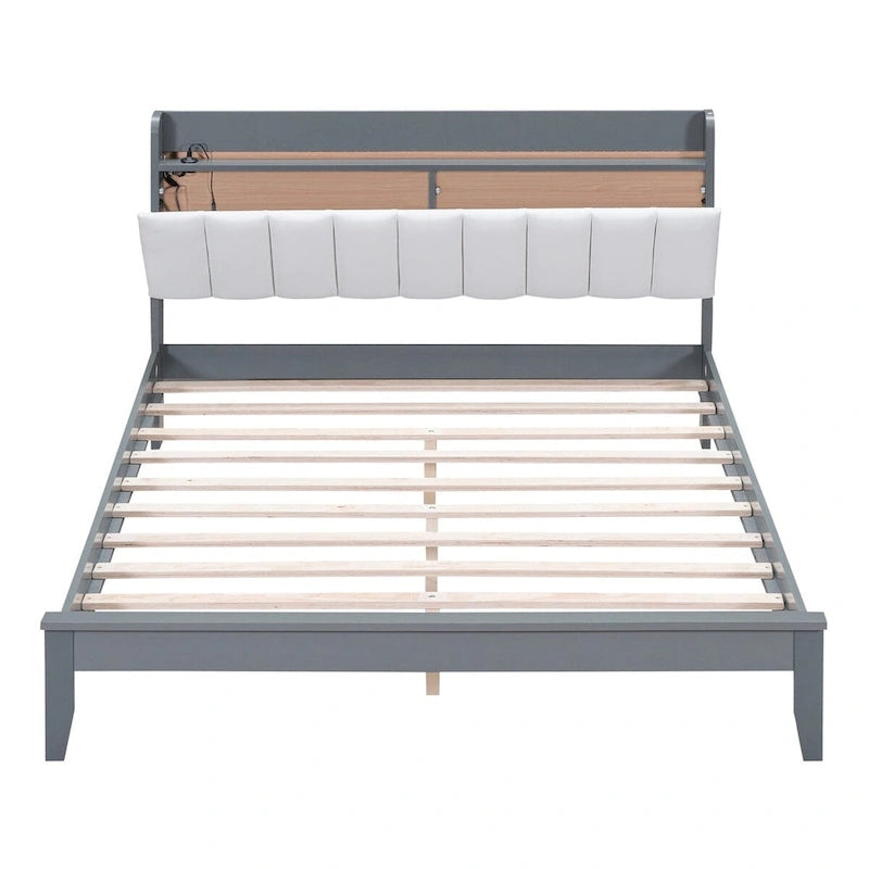 Letto imbottito con piattaforma grigio/noce con LED e USB | Matrimoniale francese / Matrimoniale standard | Posti letto 1-2