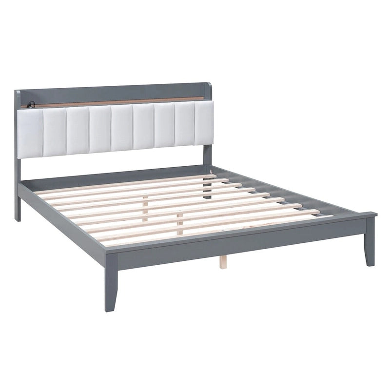 Letto imbottito con piattaforma grigio/noce con LED e USB | Matrimoniale francese / Matrimoniale standard | Posti letto 1-2