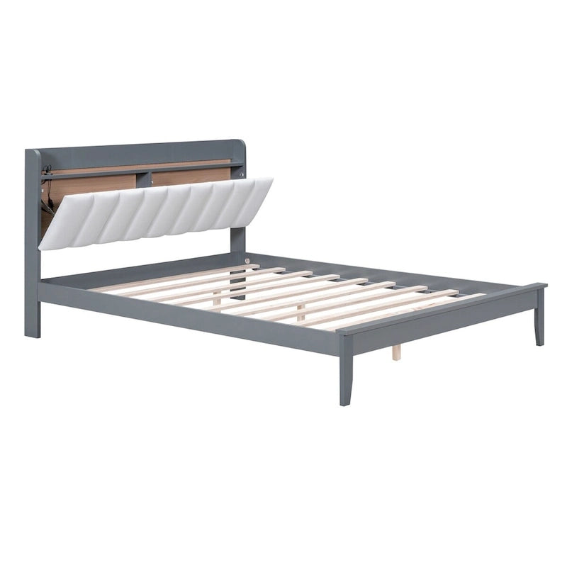 Letto imbottito con piattaforma grigio/noce con LED e USB | Matrimoniale francese / Matrimoniale standard | Posti letto 1-2