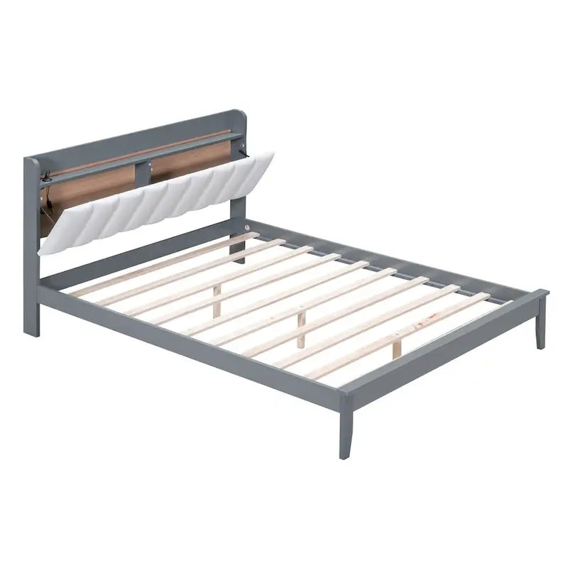 Letto imbottito con piattaforma grigio/noce con LED e USB | Matrimoniale francese / Matrimoniale standard | Posti letto 1-2