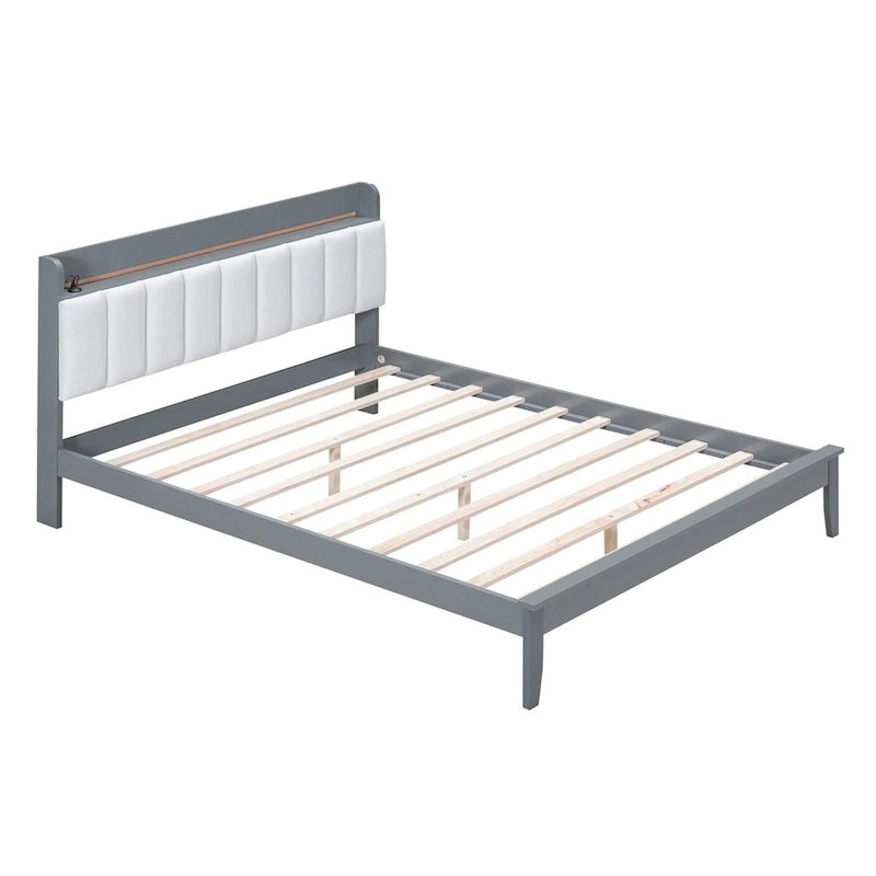Letto imbottito con piattaforma grigio/noce con LED e USB | Matrimoniale francese / Matrimoniale standard | Posti letto 1-2