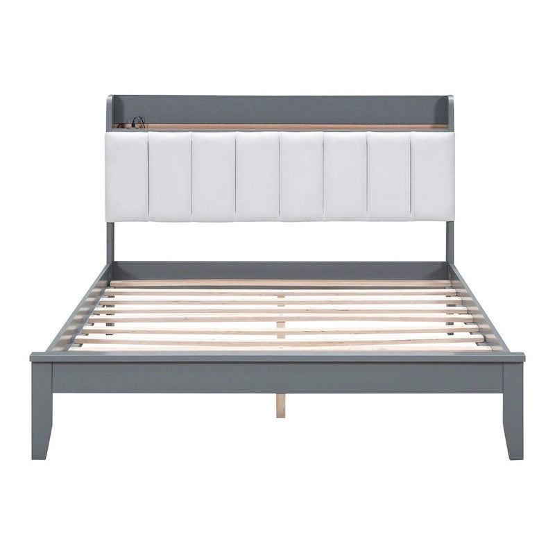 Letto imbottito con piattaforma grigio/noce con LED e USB | Matrimoniale francese / Matrimoniale standard | Posti letto 1-2