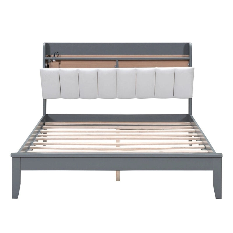 Letto imbottito con piattaforma grigio/noce con LED e USB | Matrimoniale francese / Matrimoniale standard | Posti letto 1-2
