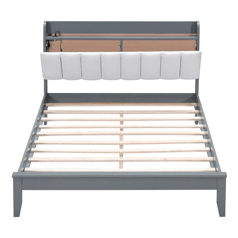 Letto imbottito con piattaforma grigio/noce con LED e USB | Matrimoniale francese / Matrimoniale standard | Posti letto 1-2
