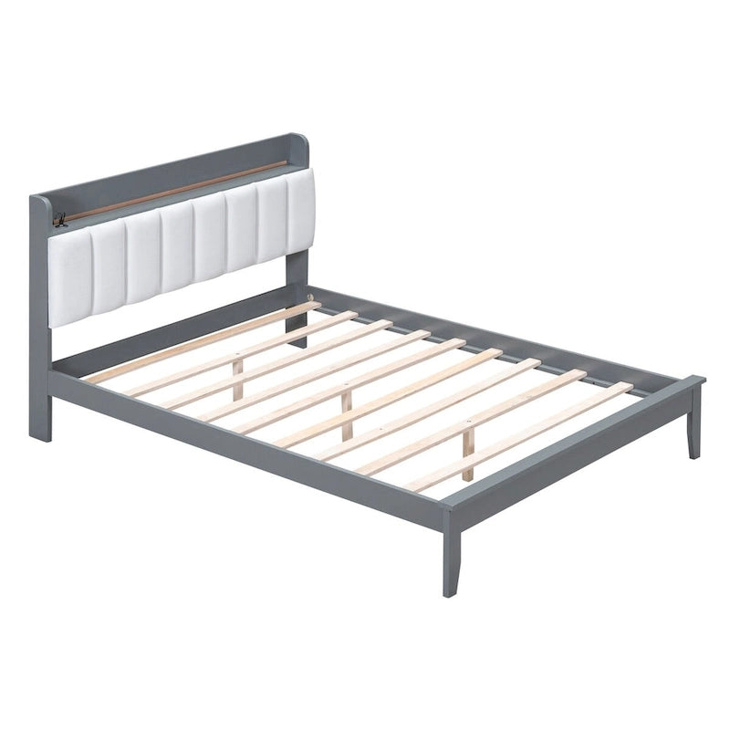 Letto imbottito con piattaforma grigio/noce con LED e USB | Matrimoniale francese / Matrimoniale standard | Posti letto 1-2