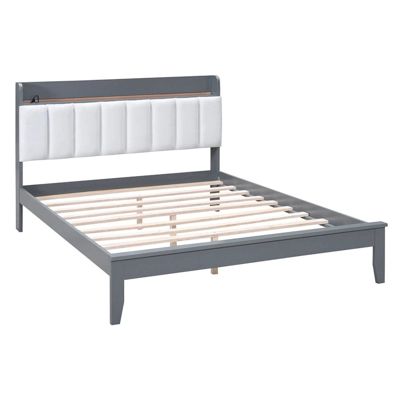 Letto imbottito con piattaforma grigio/noce con LED e USB | Matrimoniale francese / Matrimoniale standard | Posti letto 1-2