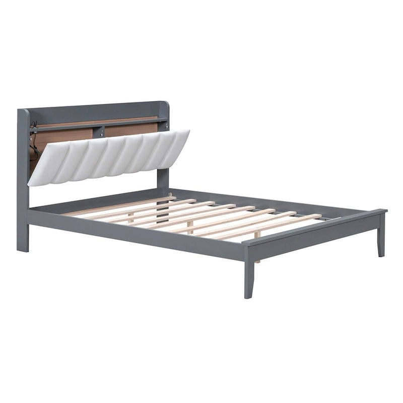 Letto imbottito con piattaforma grigio/noce con LED e USB | Matrimoniale francese / Matrimoniale standard | Posti letto 1-2