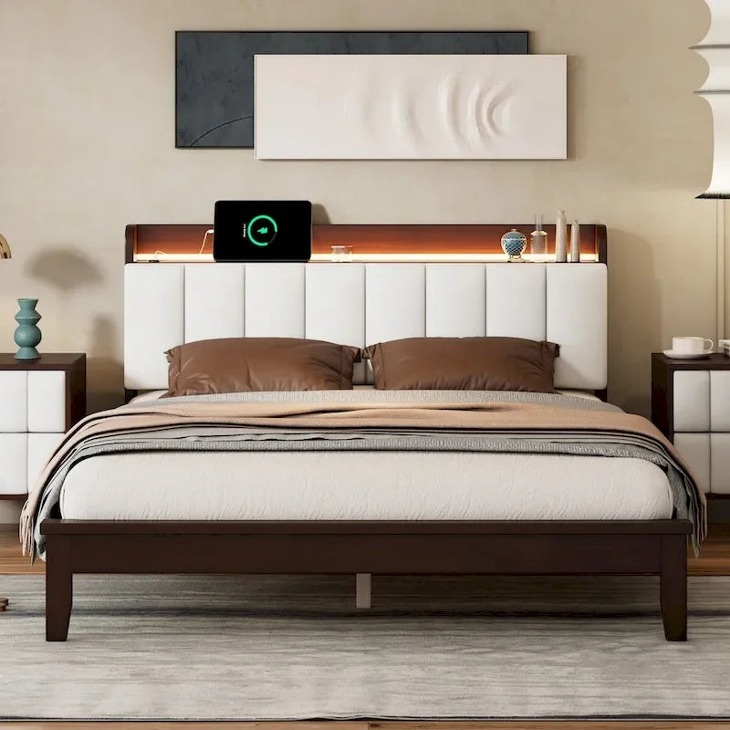Letto imbottito con piattaforma grigio/noce con LED e USB | Matrimoniale francese / Matrimoniale standard | Posti letto 1-2