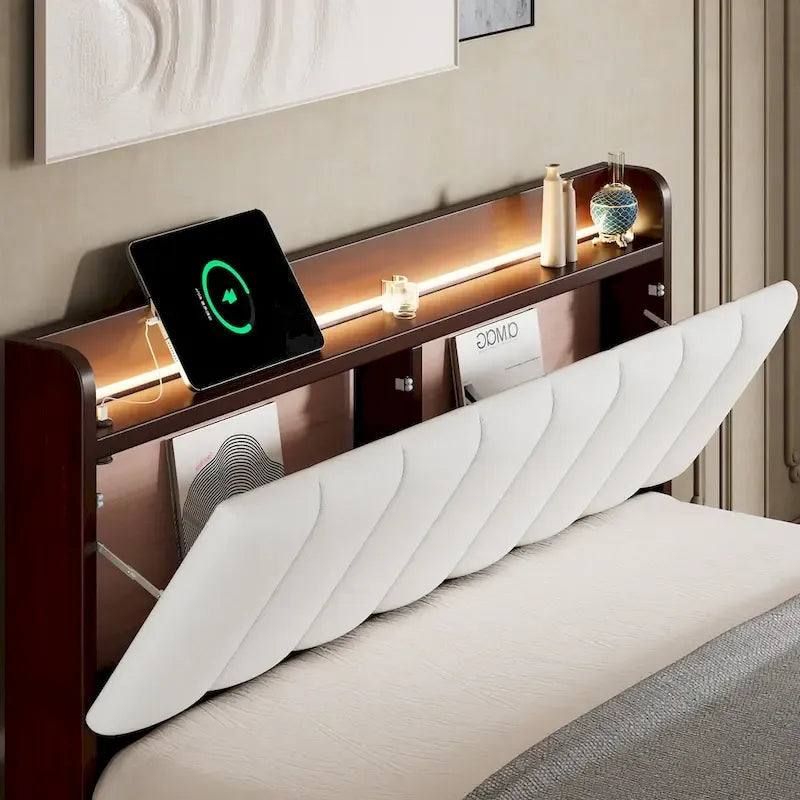 Letto imbottito con piattaforma grigio/noce con LED e USB | Matrimoniale francese / Matrimoniale standard | Posti letto 1-2