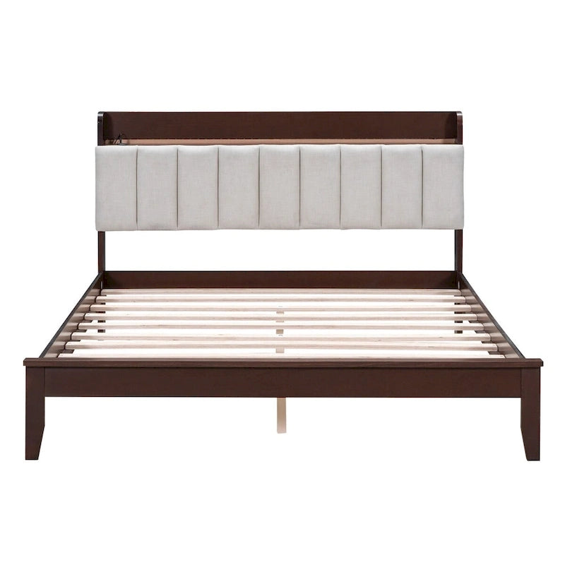 Letto imbottito con piattaforma grigio/noce con LED e USB | Matrimoniale francese / Matrimoniale standard | Posti letto 1-2
