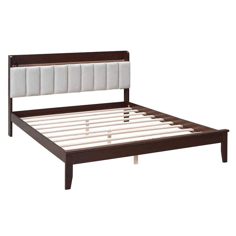 Letto imbottito con piattaforma grigio/noce con LED e USB | Matrimoniale francese / Matrimoniale standard | Posti letto 1-2
