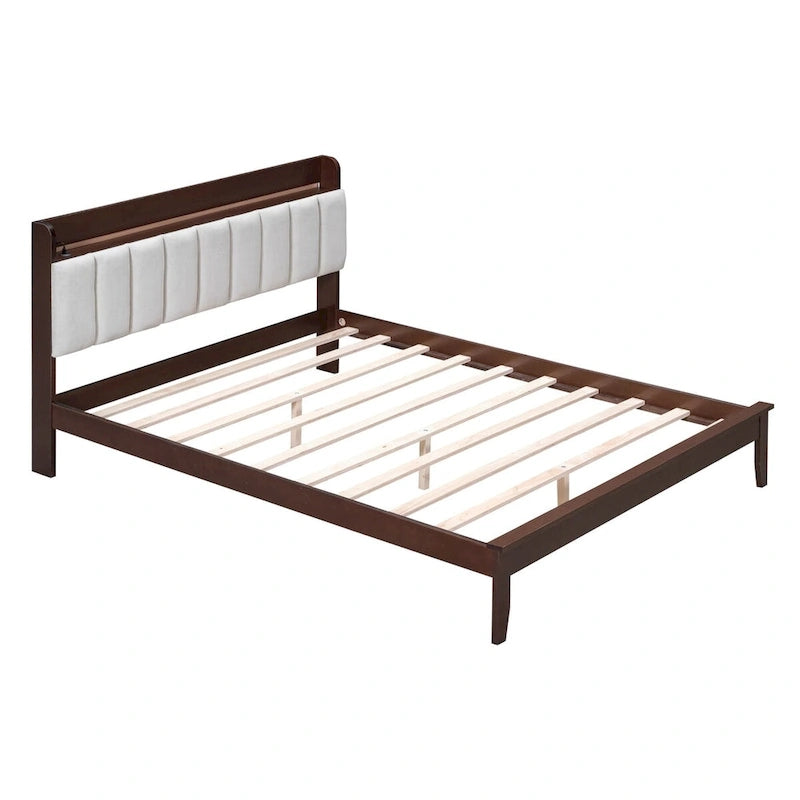 Letto imbottito con piattaforma grigio/noce con LED e USB | Matrimoniale francese / Matrimoniale standard | Posti letto 1-2