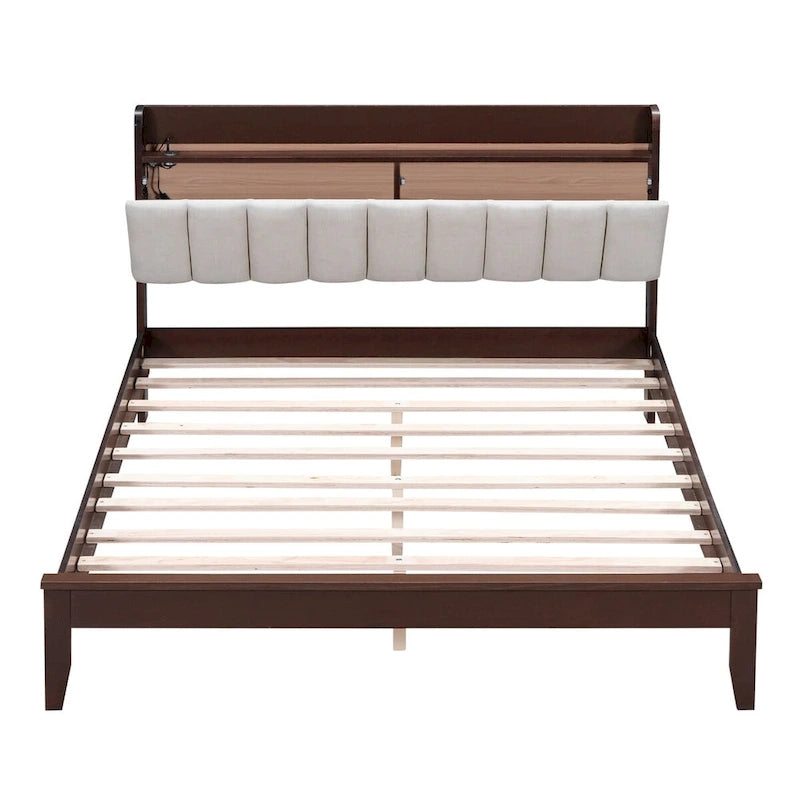 Letto imbottito con piattaforma grigio/noce con LED e USB | Matrimoniale francese / Matrimoniale standard | Posti letto 1-2