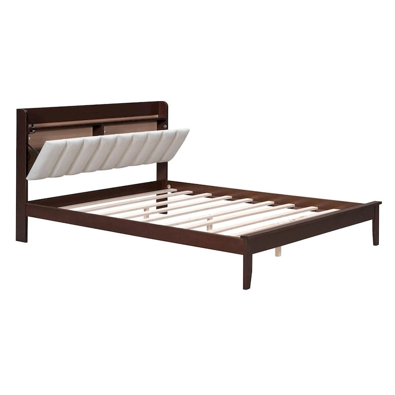 Letto imbottito con piattaforma grigio/noce con LED e USB | Matrimoniale francese / Matrimoniale standard | Posti letto 1-2