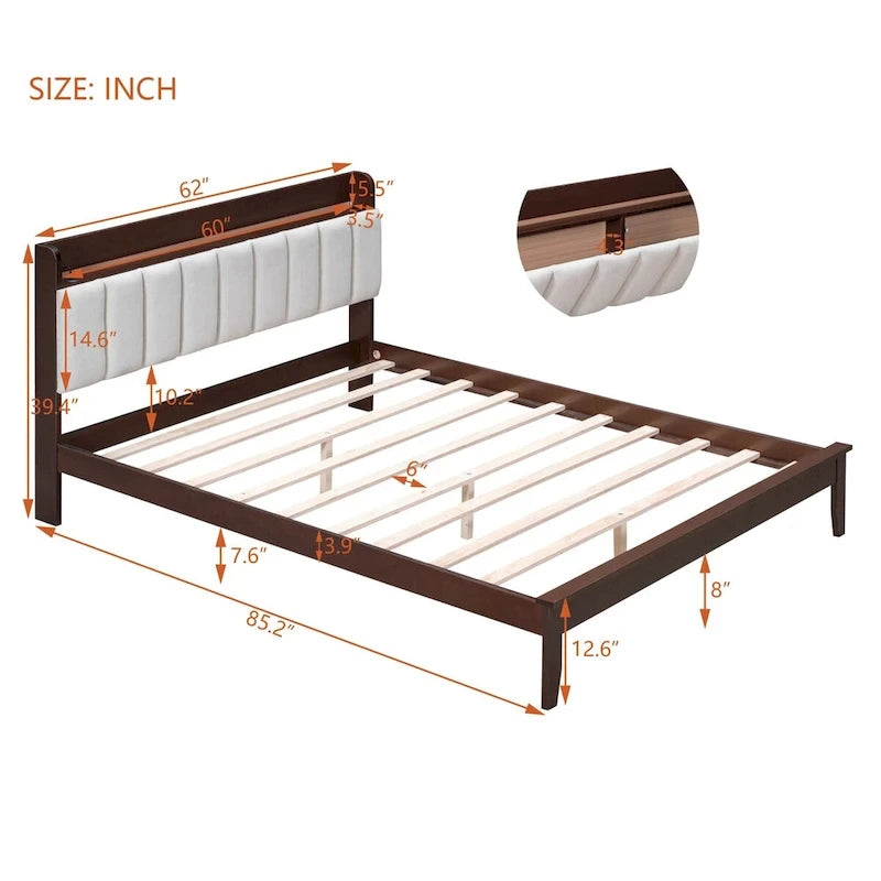 Letto imbottito con piattaforma grigio/noce con LED e USB | Matrimoniale francese / Matrimoniale standard | Posti letto 1-2