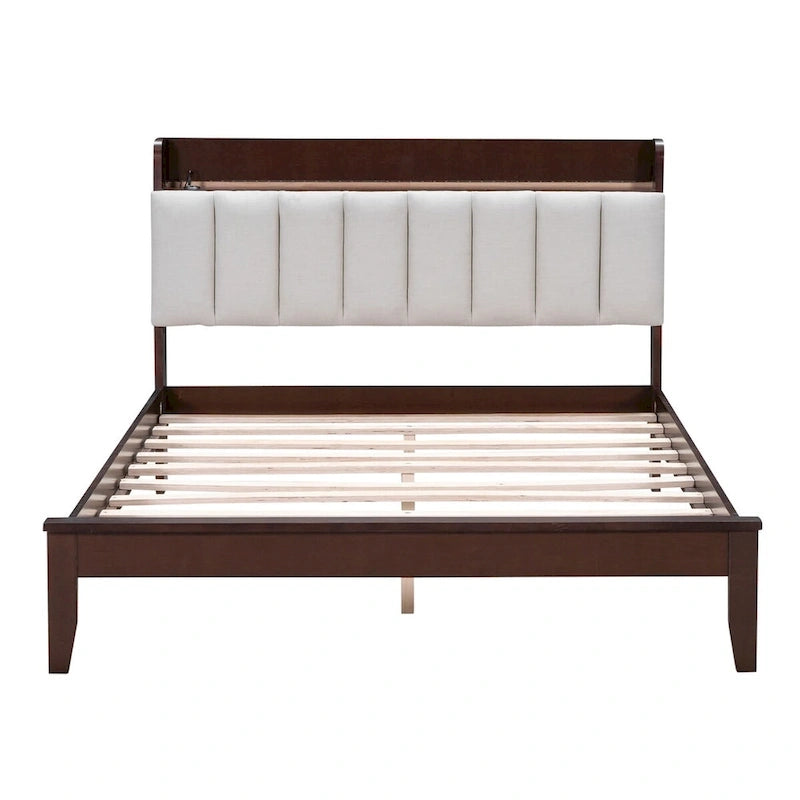 Letto imbottito con piattaforma grigio/noce con LED e USB | Matrimoniale francese / Matrimoniale standard | Posti letto 1-2