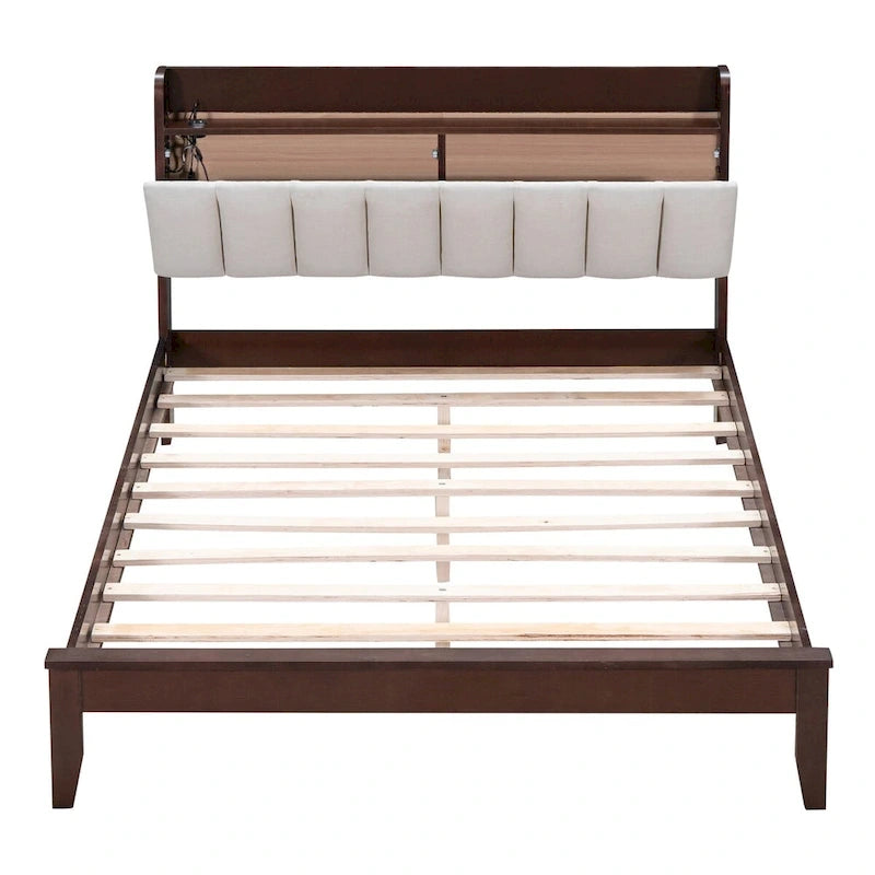 Letto imbottito con piattaforma grigio/noce con LED e USB | Matrimoniale francese / Matrimoniale standard | Posti letto 1-2