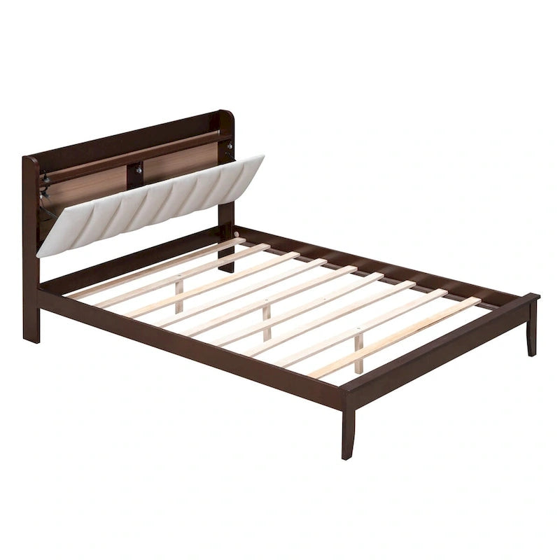 Letto imbottito con piattaforma grigio/noce con LED e USB | Matrimoniale francese / Matrimoniale standard | Posti letto 1-2