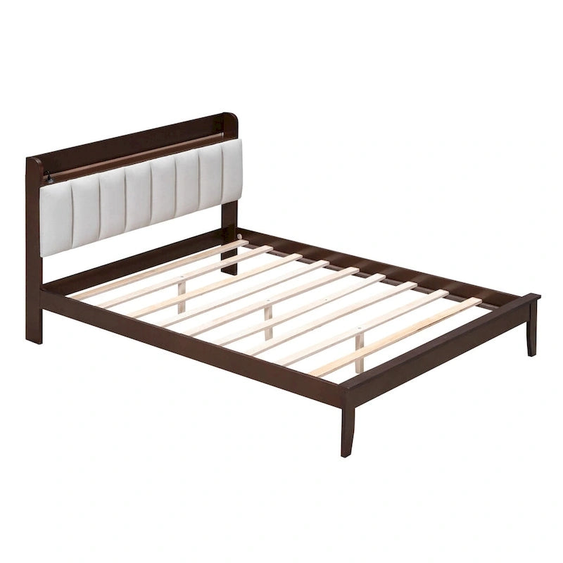 Letto imbottito con piattaforma grigio/noce con LED e USB | Matrimoniale francese / Matrimoniale standard | Posti letto 1-2
