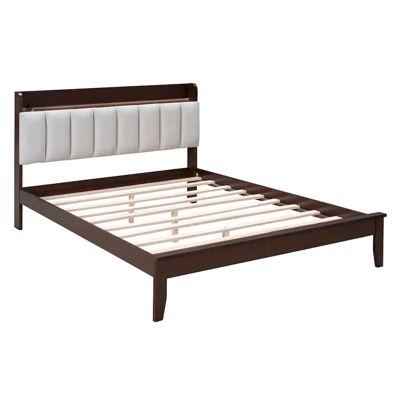 Letto imbottito con piattaforma grigio/noce con LED e USB | Matrimoniale francese / Matrimoniale standard | Posti letto 1-2