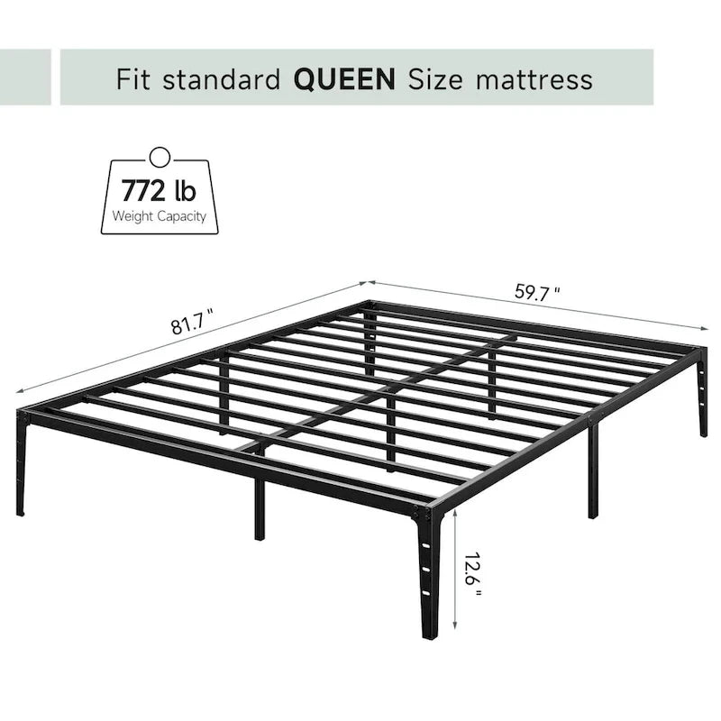 Struttura Letto a Piattaforma in Metallo Nero – Nessuna Rete a Molle, Supporto a 6/12 Gambe, Singolo/Matrimoniale/Queen
