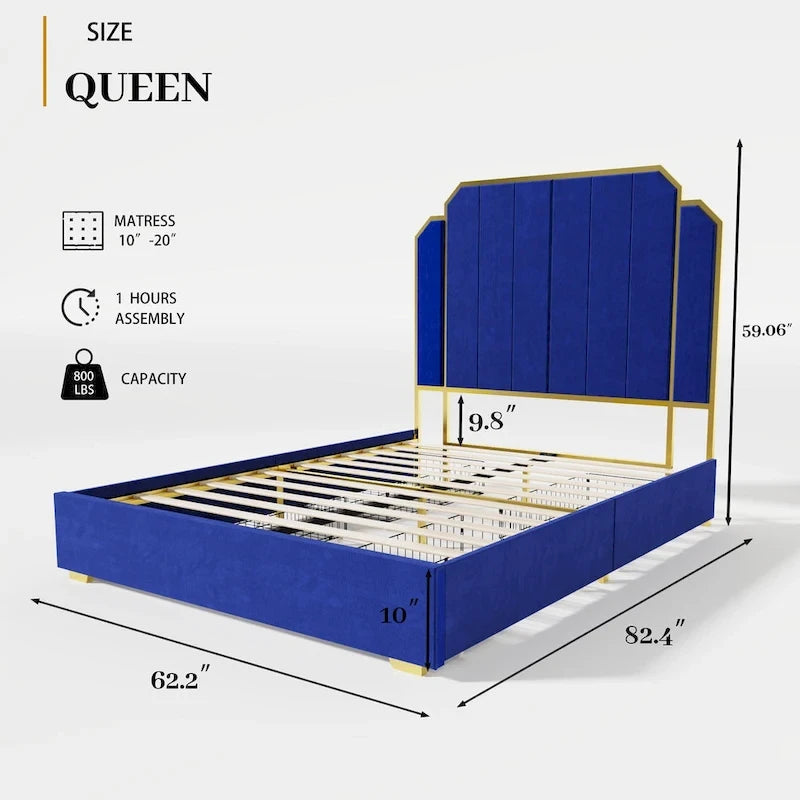 Struttura letto matrimoniale "Queen" imbottita in velluto blu e oro, testiera a canali, 1 posto letto