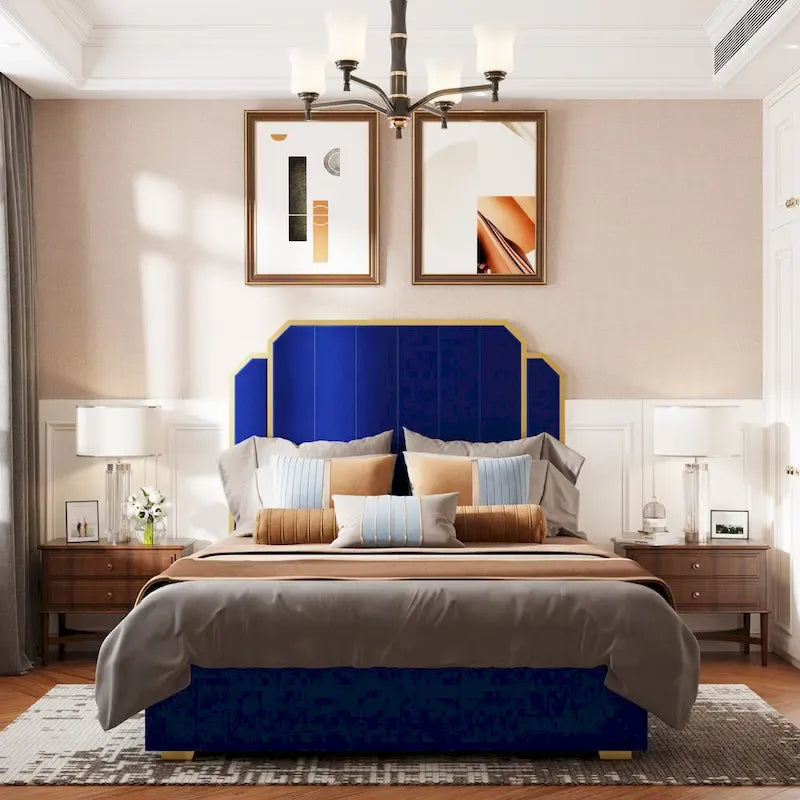 Struttura letto matrimoniale "Queen" imbottita in velluto blu e oro, testiera a canali, 1 posto letto