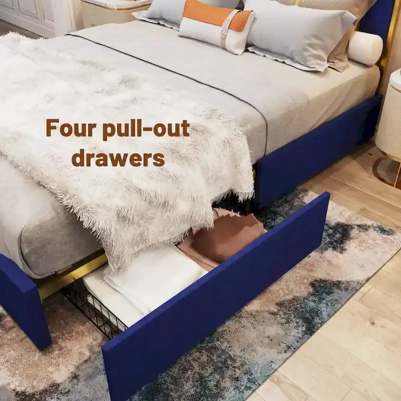 Struttura letto matrimoniale "Queen" imbottita in velluto blu e oro, testiera a canali, 1 posto letto