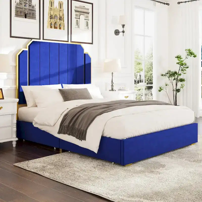 Struttura letto matrimoniale "Queen" imbottita in velluto blu e oro, testiera a canali, 1 posto letto