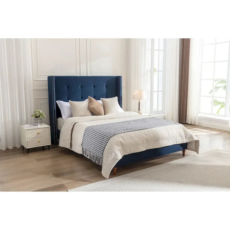 Letto matrimoniale Queen size in velluto blu / avorio – testiera capitonné ad ali, 2 persone