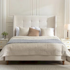 Letto matrimoniale Queen size in velluto blu / avorio – testiera capitonné ad ali, 2 persone
