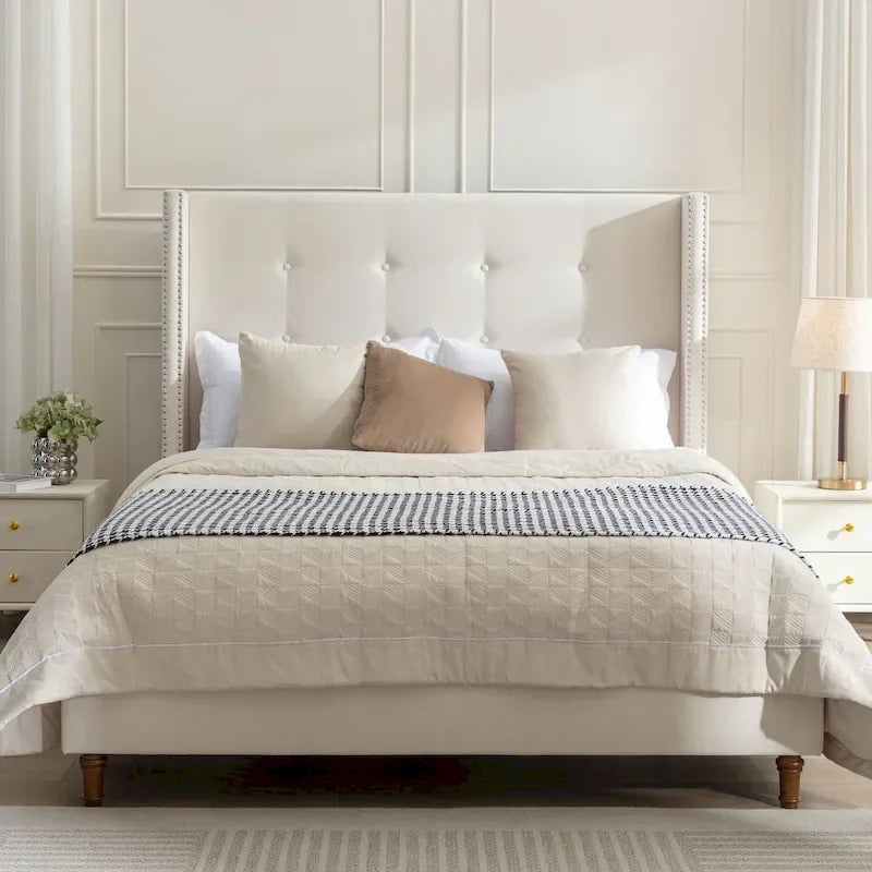 Letto matrimoniale Queen size in velluto blu / avorio – testiera capitonné ad ali, 2 persone