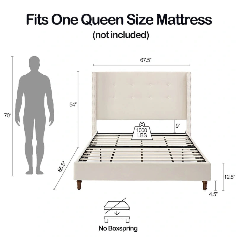 Letto matrimoniale Queen size in velluto blu / avorio – testiera capitonné ad ali, 2 persone