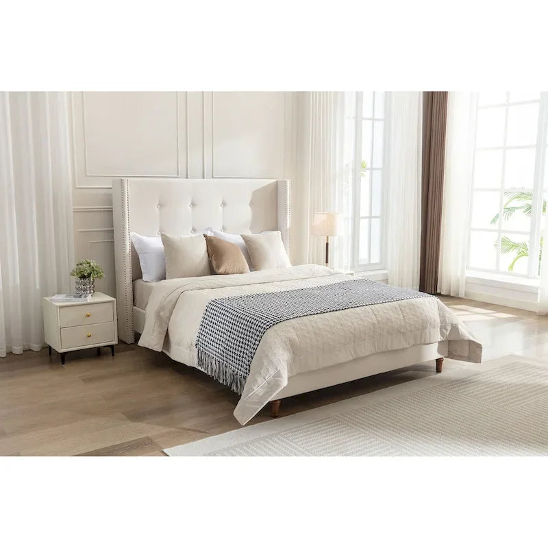 Letto matrimoniale Queen size in velluto blu / avorio – testiera capitonné ad ali, 2 persone